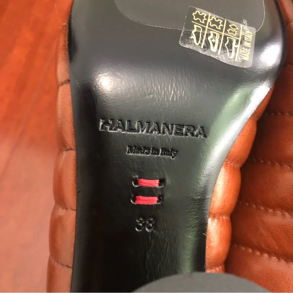Halmanera Italy well man crafted leather quilted padded square toe cognac pump - Picture 16 of 16
